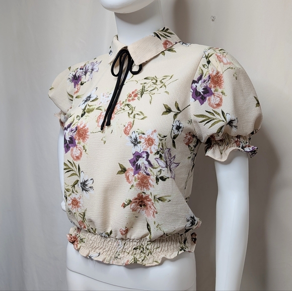 Semi Sheer Textured Cream Multi Color Floral Short Puff Sleeve Collared Blouse - Picture 2 of 8